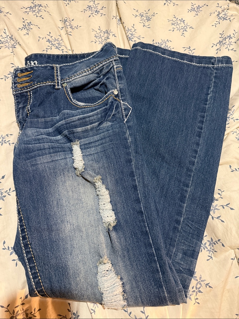 Reign Distressed Dark Blue Boot Cut Jeans
